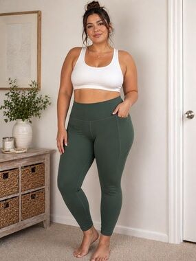 Green High Waisted Leggings | Pocket Workout Yoga Pants | Athletic Activewear XL